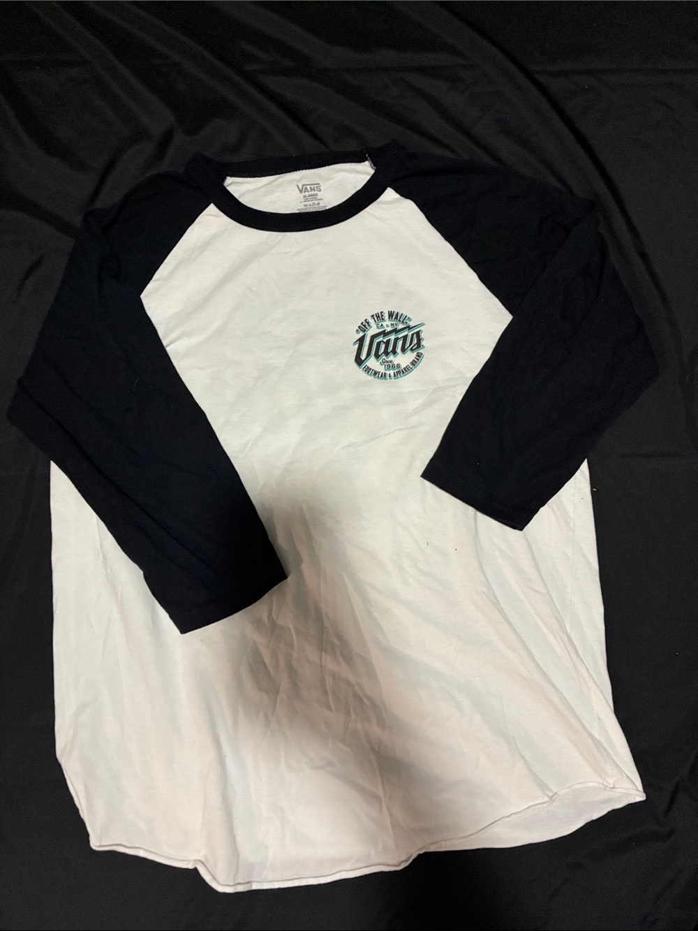 Vans White Body Black Raglan Long Sleeve Tee with Teal Logo